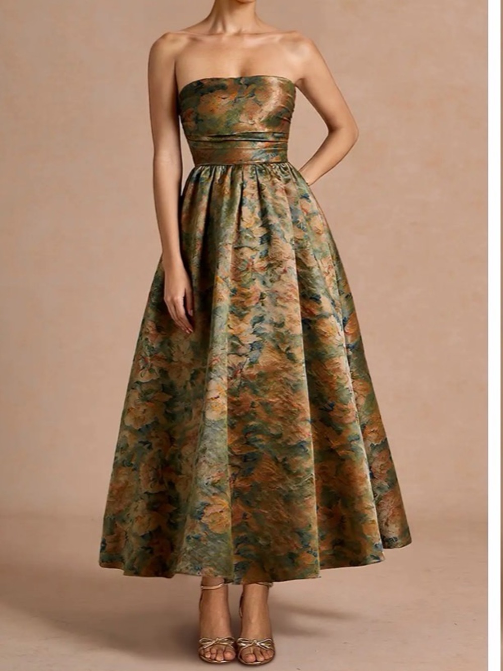 Azazie Strapless Floral Jacquard Dress in Green and Gold
